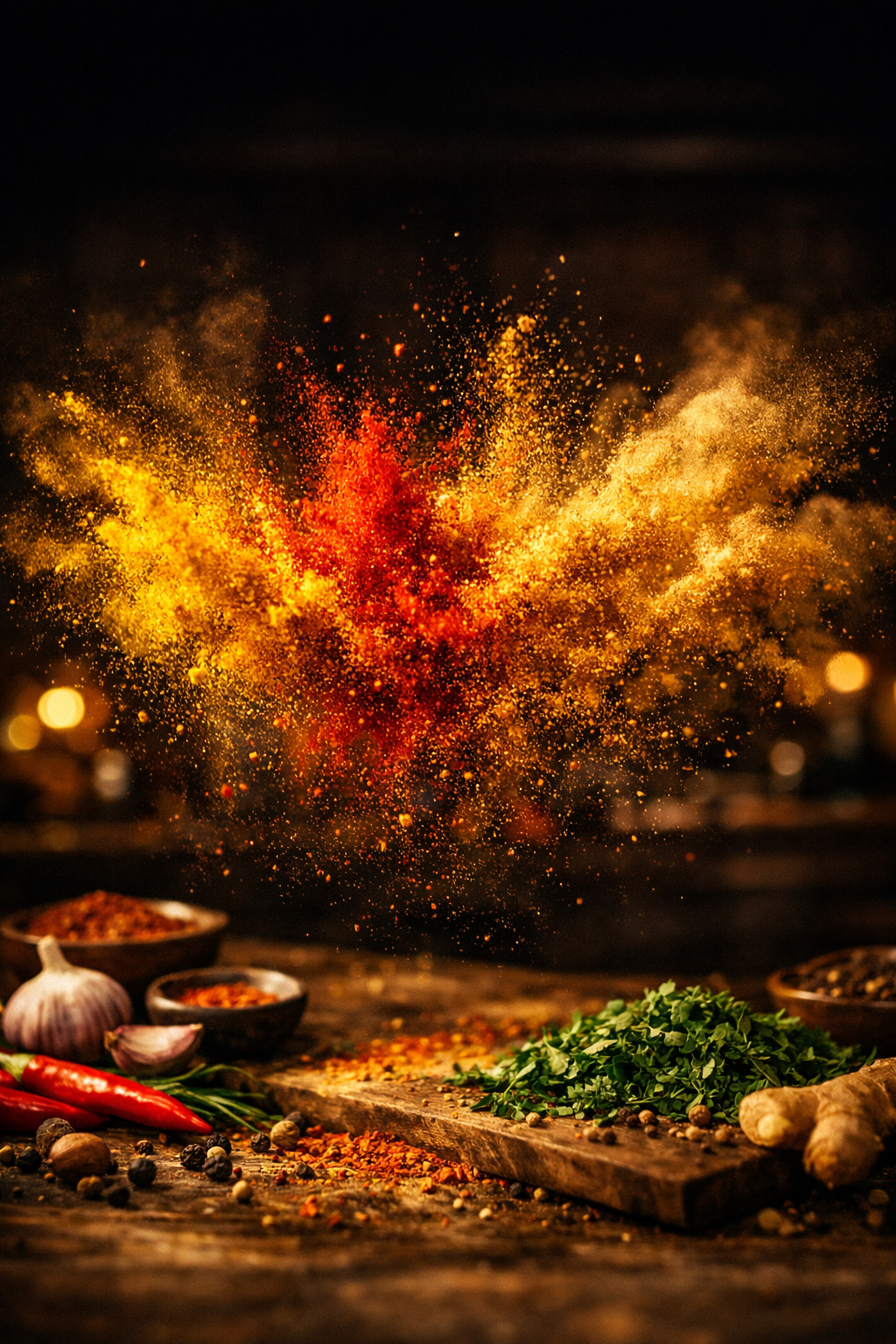 Spices and herbs with a colorful powder explosion on a dark background